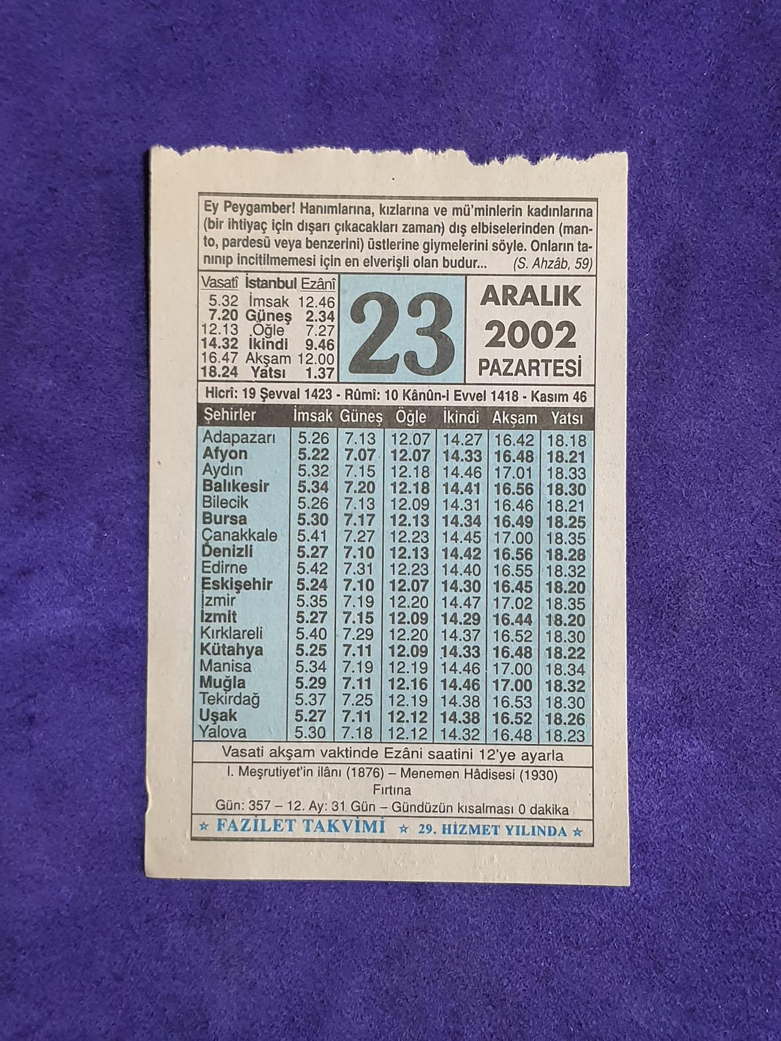 23 aralık 2002 takvim yaprağı nostalji koleksiyonluk takvim yaprağı